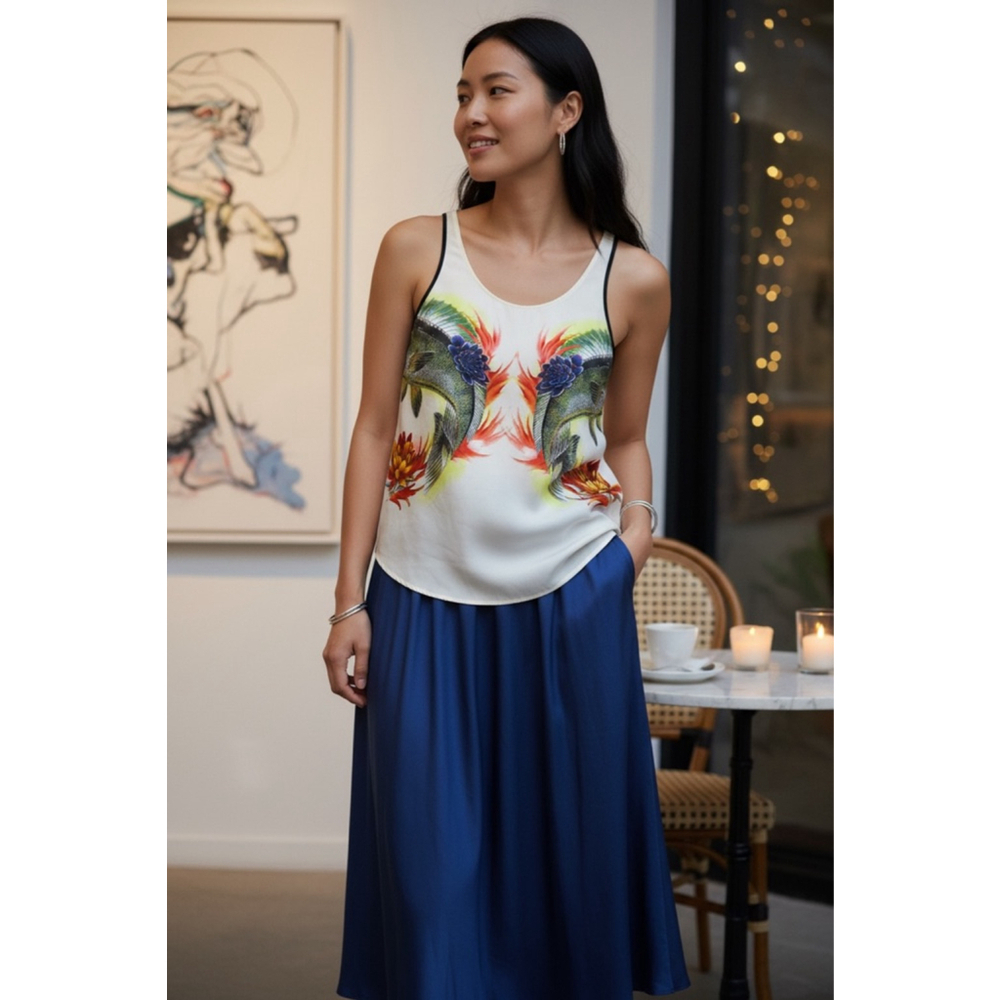 Sandro White Blue Fish Print Silk Tank Top Size S